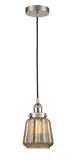 616-1PH-SN-G146 Cord Hung 7" Brushed Satin Nickel Mini Pendant - Mercury Plated Chatham Glass - LED Bulb - Dimmensions: 7 x 7 x 11<br>Minimum Height : 15.25<br>Maximum Height : 133.25 - Sloped Ceiling Compatible: Yes