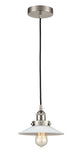 616-1PH-SN-G1 Cord Hung 8.5" Brushed Satin Nickel Mini Pendant - White Halophane Glass - LED Bulb - Dimmensions: 8.5 x 8.5 x 8<br>Minimum Height : 9.25<br>Maximum Height : 127.25 - Sloped Ceiling Compatible: Yes