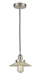 616-1PH-SN-G2 Cord Hung 8.5" Brushed Satin Nickel Mini Pendant - Clear Halophane Glass - LED Bulb - Dimmensions: 8.5 x 8.5 x 8<br>Minimum Height : 9.25<br>Maximum Height : 127.25 - Sloped Ceiling Compatible: Yes