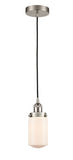 616-1PH-SN-G311 Cord Hung 4.5" Brushed Satin Nickel Mini Pendant - Matte White Cased Dover Glass - LED Bulb - Dimmensions: 4.5 x 4.5 x 10.25<br>Minimum Height : 13.75<br>Maximum Height : 131.75 - Sloped Ceiling Compatible: Yes