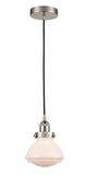 616-1PH-SN-G321 Cord Hung 6.75" Brushed Satin Nickel Mini Pendant - Matte White Olean Glass - LED Bulb - Dimmensions: 6.75 x 6.75 x 7.75<br>Minimum Height : 12.25<br>Maximum Height : 130.25 - Sloped Ceiling Compatible: Yes