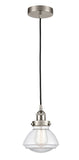 616-1PH-SN-G322 Cord Hung 6.75" Brushed Satin Nickel Mini Pendant - Clear Olean Glass - LED Bulb - Dimmensions: 6.75 x 6.75 x 7.75<br>Minimum Height : 12.25<br>Maximum Height : 130.25 - Sloped Ceiling Compatible: Yes