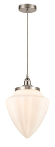 616-1PH-SN-G661-12 Cord Hung 12" Brushed Satin Nickel Mini Pendant - Matte White Cased Large Bullet Glass - LED Bulb - Dimmensions: 12 x 12 x 16.5<br>Minimum Height : 19.5<br>Maximum Height : 136.5 - Sloped Ceiling Compatible: Yes