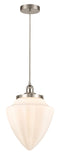 616-1PH-SN-G661-12 Cord Hung 12" Brushed Satin Nickel Mini Pendant - Matte White Cased Large Bullet Glass - LED Bulb - Dimmensions: 12 x 12 x 16.5<br>Minimum Height : 19.5<br>Maximum Height : 136.5 - Sloped Ceiling Compatible: Yes