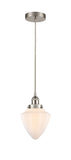 616-1PH-SN-G661-7 Cord Hung 7.5" Brushed Satin Nickel Mini Pendant - Matte White Cased Small Bullet Glass - LED Bulb - Dimmensions: 7.5 x 7.5 x 8<br>Minimum Height : 13<br>Maximum Height : 131 - Sloped Ceiling Compatible: Yes