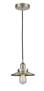 616-1PH-SN-M2 Cord Hung 8" Brushed Satin Nickel Mini Pendant - Brushed Satin Nickel Railroad Shade - LED Bulb - Dimmensions: 8 x 8 x 5.375<br>Minimum Height : 8.375<br>Maximum Height : 125.375 - Sloped Ceiling Compatible: Yes