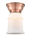 623-1F-AC-G181 1-Light 6.25" Antique Copper Flush Mount - Matte White Canton Glass - LED Bulb - Dimmensions: 6.25 x 6.25 x 8.65 - Sloped Ceiling Compatible: No