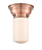 623-1F-AC-G311 1-Light 6.25" Antique Copper Flush Mount - Matte White Cased Dover Glass - LED Bulb - Dimmensions: 6.25 x 6.25 x 7.9 - Sloped Ceiling Compatible: No