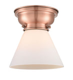 623-1F-AC-G41 1-Light 7.75" Antique Copper Flush Mount - Matte White Cased Large Cone Glass - LED Bulb - Dimmensions: 7.75 x 7.75 x 7.4 - Sloped Ceiling Compatible: No