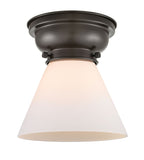 623-1F-OB-G41 1-Light 7.75" Oil Rubbed Bronze Flush Mount - Matte White Cased Large Cone Glass - LED Bulb - Dimmensions: 7.75 x 7.75 x 7.4 - Sloped Ceiling Compatible: No