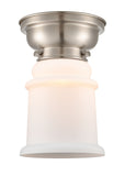 623-1F-SN-G181 1-Light 6.25" Brushed Satin Nickel Flush Mount - Matte White Canton Glass - LED Bulb - Dimmensions: 6.25 x 6.25 x 8.65 - Sloped Ceiling Compatible: No