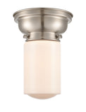 623-1F-SN-G311 1-Light 6.25" Brushed Satin Nickel Flush Mount - Matte White Cased Dover Glass - LED Bulb - Dimmensions: 6.25 x 6.25 x 7.9 - Sloped Ceiling Compatible: No