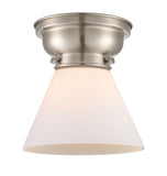 623-1F-SN-G41 1-Light 7.75" Brushed Satin Nickel Flush Mount - Matte White Cased Large Cone Glass - LED Bulb - Dimmensions: 7.75 x 7.75 x 7.4 - Sloped Ceiling Compatible: No