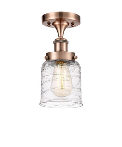 1-Light 5" Antique Copper Semi-Flush Mount - Clear Deco Swirl Small Bell Glass LED