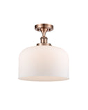 916-1C-AC-G71-L 1-Light 8" Antique Copper Semi-Flush Mount - Matte White Cased X-Large Bell Glass - LED Bulb - Dimmensions: 8 x 8 x 13 - Sloped Ceiling Compatible: No