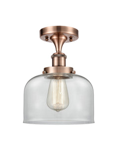 1-Light 8" Antique Copper Semi-Flush Mount - Clear Large Bell Glass LED