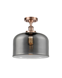 916-1C-AC-G73-L 1-Light 8" Antique Copper Semi-Flush Mount - Plated Smoke X-Large Bell Glass - LED Bulb - Dimmensions: 8 x 8 x 13 - Sloped Ceiling Compatible: No