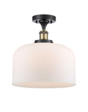 916-1C-BAB-G71-L 1-Light 8" Black Antique Brass Semi-Flush Mount - Matte White Cased X-Large Bell Glass - LED Bulb - Dimmensions: 8 x 8 x 13 - Sloped Ceiling Compatible: No