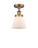 916-1C-BB-G61 1-Light 6" Brushed Brass Semi-Flush Mount - Matte White Cased Small Cone Glass - LED Bulb - Dimmensions: 6 x 6 x 11 - Sloped Ceiling Compatible: No