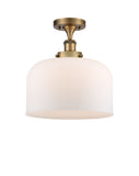 916-1C-BB-G71-L 1-Light 8" Brushed Brass Semi-Flush Mount - Matte White Cased X-Large Bell Glass - LED Bulb - Dimmensions: 8 x 8 x 13 - Sloped Ceiling Compatible: No