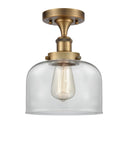916-1C-BB-G72 1-Light 8" Brushed Brass Semi-Flush Mount - Clear Large Bell Glass - LED Bulb - Dimmensions: 8 x 8 x 13 - Sloped Ceiling Compatible: No