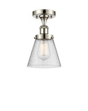 916-1C-PN-G64 1-Light 6" Polished Nickel Semi-Flush Mount - Seedy Small Cone Glass - LED Bulb - Dimmensions: 6 x 6 x 11 - Sloped Ceiling Compatible: No