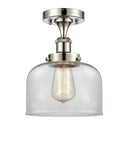 916-1C-PN-G72 1-Light 8" Polished Nickel Semi-Flush Mount - Clear Large Bell Glass - LED Bulb - Dimmensions: 8 x 8 x 13 - Sloped Ceiling Compatible: No