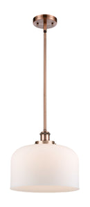 916-1S-AC-G71-L Stem Hung 8" Antique Copper Mini Pendant - Matte White Cased X-Large Bell Glass - LED Bulb - Dimmensions: 8 x 8 x 10<br>Minimum Height : 18.75<br>Maximum Height : 42.75 - Sloped Ceiling Compatible: Yes