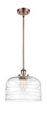 916-1S-AC-G713-L Stem Hung 8" Antique Copper Mini Pendant - Clear Deco Swirl X-Large Bell Glass - LED Bulb - Dimmensions: 8 x 8 x 10<br>Minimum Height : 18.75<br>Maximum Height : 42.75 - Sloped Ceiling Compatible: Yes