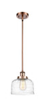 Stem Hung 8" Antique Copper Mini Pendant - Clear Deco Swirl Large Bell Glass LED