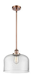 916-1S-AC-G72-L Stem Hung 8" Antique Copper Mini Pendant - Clear X-Large Bell Glass - LED Bulb - Dimmensions: 8 x 8 x 10<br>Minimum Height : 18.75<br>Maximum Height : 42.75 - Sloped Ceiling Compatible: Yes