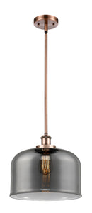 916-1S-AC-G73-L Stem Hung 8" Antique Copper Mini Pendant - Plated Smoke X-Large Bell Glass - LED Bulb - Dimmensions: 8 x 8 x 10<br>Minimum Height : 18.75<br>Maximum Height : 42.75 - Sloped Ceiling Compatible: Yes