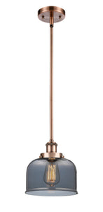 Stem Hung 8" Antique Copper Mini Pendant - Plated Smoke Large Bell Glass LED