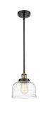 916-1S-BAB-G713 Stem Hung 8" Black Antique Brass Mini Pendant - Clear Deco Swirl Large Bell Glass - LED Bulb - Dimmensions: 8 x 8 x 10<br>Minimum Height : 18.75<br>Maximum Height : 42.75 - Sloped Ceiling Compatible: Yes