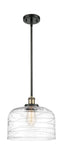 Stem Hung 8" Black Antique Brass Mini Pendant - Clear Deco Swirl X-Large Bell Glass - LED Bulb Included