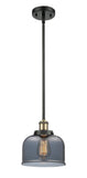 916-1S-BAB-G73 Stem Hung 8" Black Antique Brass Mini Pendant - Plated Smoke Large Bell Glass - LED Bulb - Dimmensions: 8 x 8 x 10<br>Minimum Height : 18.75<br>Maximum Height : 42.75 - Sloped Ceiling Compatible: Yes