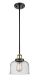 916-1S-BAB-G74 Stem Hung 8" Black Antique Brass Mini Pendant - Seedy Large Bell Glass - LED Bulb - Dimmensions: 8 x 8 x 10<br>Minimum Height : 18.75<br>Maximum Height : 42.75 - Sloped Ceiling Compatible: Yes