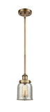 916-1S-BB-G58 Stem Hung 5" Brushed Brass Mini Pendant - Silver Plated Mercury Small Bell Glass - LED Bulb - Dimmensions: 5 x 5 x 10<br>Minimum Height : 17.75<br>Maximum Height : 41.75 - Sloped Ceiling Compatible: Yes