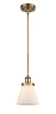 916-1S-BB-G61 Stem Hung 6" Brushed Brass Mini Pendant - Matte White Cased Small Cone Glass - LED Bulb - Dimmensions: 6 x 6 x 9<br>Minimum Height : 17.75<br>Maximum Height : 41.75 - Sloped Ceiling Compatible: Yes