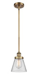 916-1S-BB-G62 Stem Hung 6" Brushed Brass Mini Pendant - Clear Small Cone Glass - LED Bulb - Dimmensions: 6 x 6 x 9<br>Minimum Height : 17.75<br>Maximum Height : 41.75 - Sloped Ceiling Compatible: Yes