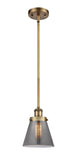 916-1S-BB-G63 Stem Hung 6" Brushed Brass Mini Pendant - Plated Smoke Small Cone Glass - LED Bulb - Dimmensions: 6 x 6 x 9<br>Minimum Height : 17.75<br>Maximum Height : 41.75 - Sloped Ceiling Compatible: Yes