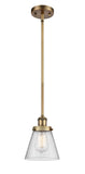916-1S-BB-G64 Stem Hung 6" Brushed Brass Mini Pendant - Seedy Small Cone Glass - LED Bulb - Dimmensions: 6 x 6 x 9<br>Minimum Height : 17.75<br>Maximum Height : 41.75 - Sloped Ceiling Compatible: Yes