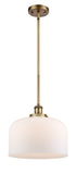 916-1S-BB-G71-L Stem Hung 8" Brushed Brass Mini Pendant - Matte White Cased X-Large Bell Glass - LED Bulb - Dimmensions: 8 x 8 x 10<br>Minimum Height : 18.75<br>Maximum Height : 42.75 - Sloped Ceiling Compatible: Yes