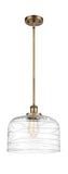916-1S-BB-G713-L Stem Hung 8" Brushed Brass Mini Pendant - Clear Deco Swirl X-Large Bell Glass - LED Bulb - Dimmensions: 8 x 8 x 10<br>Minimum Height : 18.75<br>Maximum Height : 42.75 - Sloped Ceiling Compatible: Yes