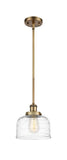 916-1S-BB-G713 Stem Hung 8" Brushed Brass Mini Pendant - Clear Deco Swirl Large Bell Glass - LED Bulb - Dimmensions: 8 x 8 x 10<br>Minimum Height : 18.75<br>Maximum Height : 42.75 - Sloped Ceiling Compatible: Yes