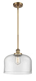 916-1S-BB-G72-L Stem Hung 8" Brushed Brass Mini Pendant - Clear X-Large Bell Glass - LED Bulb - Dimmensions: 8 x 8 x 10<br>Minimum Height : 18.75<br>Maximum Height : 42.75 - Sloped Ceiling Compatible: Yes