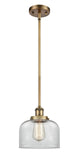916-1S-BB-G72 Stem Hung 8" Brushed Brass Mini Pendant - Clear Large Bell Glass - LED Bulb - Dimmensions: 8 x 8 x 10<br>Minimum Height : 18.75<br>Maximum Height : 42.75 - Sloped Ceiling Compatible: Yes