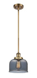 916-1S-BB-G73 Stem Hung 8" Brushed Brass Mini Pendant - Plated Smoke Large Bell Glass - LED Bulb - Dimmensions: 8 x 8 x 10<br>Minimum Height : 18.75<br>Maximum Height : 42.75 - Sloped Ceiling Compatible: Yes