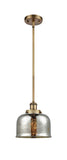 916-1S-BB-G78 Stem Hung 8" Brushed Brass Mini Pendant - Silver Plated Mercury Large Bell Glass - LED Bulb - Dimmensions: 8 x 8 x 10<br>Minimum Height : 18.75<br>Maximum Height : 42.75 - Sloped Ceiling Compatible: Yes