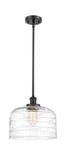 916-1S-BK-G713-L Stem Hung 8" Matte Black Mini Pendant - Clear Deco Swirl X-Large Bell Glass - LED Bulb - Dimmensions: 8 x 8 x 10<br>Minimum Height : 18.75<br>Maximum Height : 42.75 - Sloped Ceiling Compatible: Yes